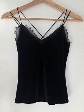 Bacio Black Velour Stretchy Lace Trim Strappy Cami Top Size S